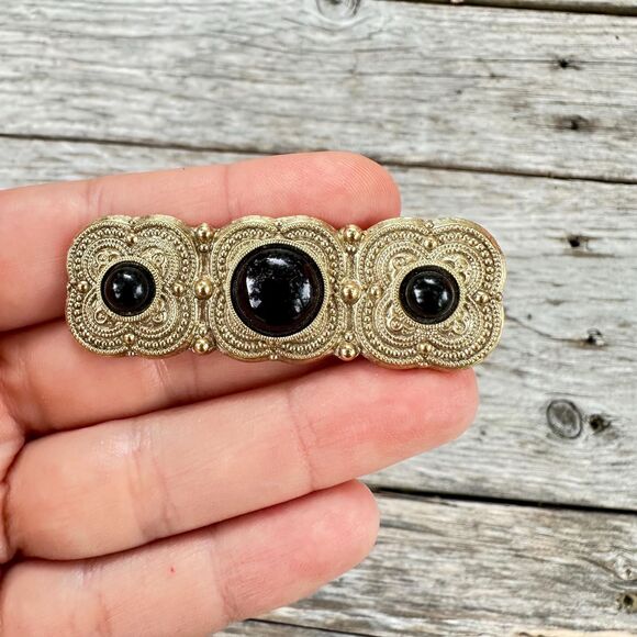 1928 Bar Pin Gold Tone Black Brooch Black and Gold Victorian Bar Pin - Picture 1 of 2